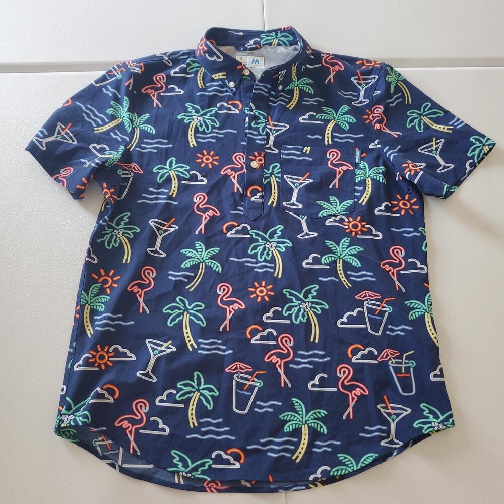 Chubbies Polo Shirt Mens Medium Blue Palm Tree Flamingo Neon Print Party Casual